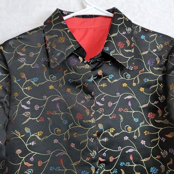 Robert Louis Lined Black Metallic Floral Silk Blend Open Front Jacket Size M/L - Picture 3 of 16